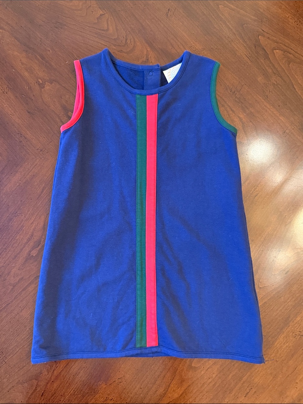TBBC Beaufort Bonnet Girls' Sleeveless Blue Shift Dress w Red & Green Stripe 3T